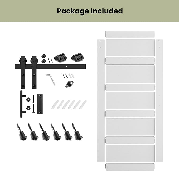 SmartStandard 40in x 84in Sliding Barn Door with 7FT Barn Door Hardware Track Kit & Handle, Waterproof PVC Surface, Pre-Drilled Holes Easy to Assemble, Solid, MDF, White, 5-Panel