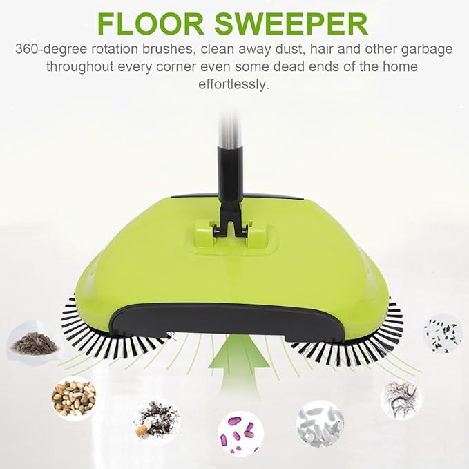 Manual Push Floor Sweeper Broom, Hand Push Sweeper with Enclosed Dustpan Bin, 3‑in‑1 360° Rotating Floor Cleaning Brush Mop Machine Adjustable Handle Vacuum‑Free for Tile Hardwood Carpet Green
