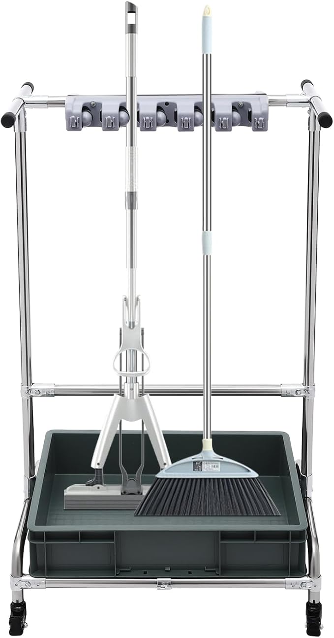 Broom and Mop Holder Put Wet Mops Movable Floor-Mounted Mop Rack Floor Standing Cleaning Tool Cart Storage with 12 Pack and Wheel Broom Holder Organizer for Garden,Garage, Shed, Outdoor