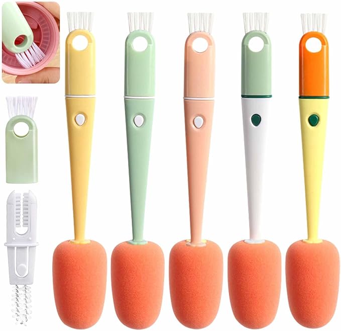 Bottle Cleaning Brush 5 PCS Long Handle Bottle Brush 4 in 1 Detachable Multifunctional Sponge Bottle Brush with Nipple Cleaning Brush and Bottle Gap Cleaner Brush
