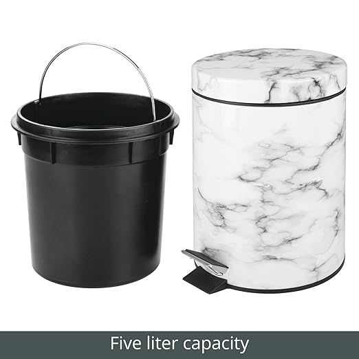 mDesign Pedal Waste Basket — Metal Waste Bin with Pedal, Lid and Plastic Bucket Insert — Perfect for Bathroom, Kitchen, and Office — 5 Litre Household Rubbish Bin with Ergonomic Design — Marble Print