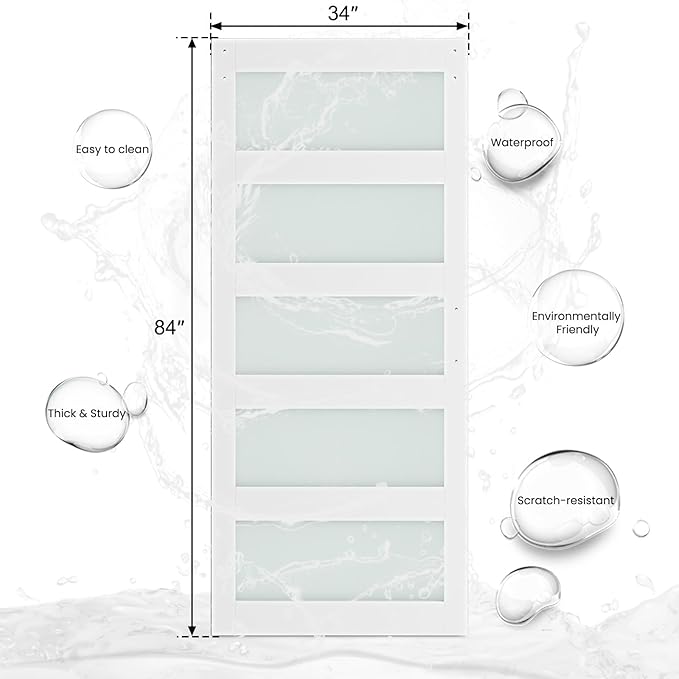 SmartStandard 34 x 84 in Glass Barn Door with 6FT Sliding Hardware Kit & Handle, Pre-Drilled Ready to Assemble, Waterproof PVC Coating, White, 5-Panel Glass