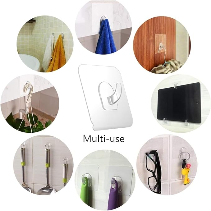 30 Pack Adhesive Hooks for Hanging, 33lb Heavy Duty Wall Hooks, Clear Plastic Sticky Utility Hook for Home Kitchen Bathroom Office Use