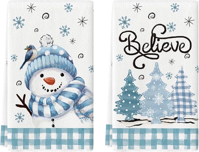 Artoid Mode Beige Blue Xmas Tree Snowman Christmas Kitchen Towels Dish Towels, 18x26 Inch Holiday Bird Believe Winter Decoration Hand Towels Set of 2
