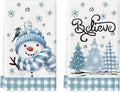 Artoid Mode Beige Blue Xmas Tree Snowman Christmas Kitchen Towels Dish Towels, 18x26 Inch Holiday Bird Believe Winter Decoration Hand Towels Set of 2