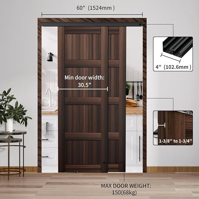 Heavy Duty Bypass Sliding Closet Door Track Hardware 60", 5FT Aluminium Pocket Door Track Rail Set, Smoothly and Quietly, for 2 Door System,Black