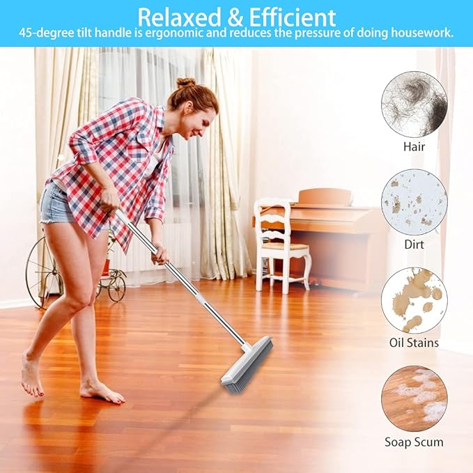 Push Broom Pet Hair Removal Broom with Squeegee, Soft Silicone Bristle Broom with 47" Adjustable Long Handle, Non Scratch Carpet Sweeper Brush for Cat/Dog Hair Hardwood Tile Windows