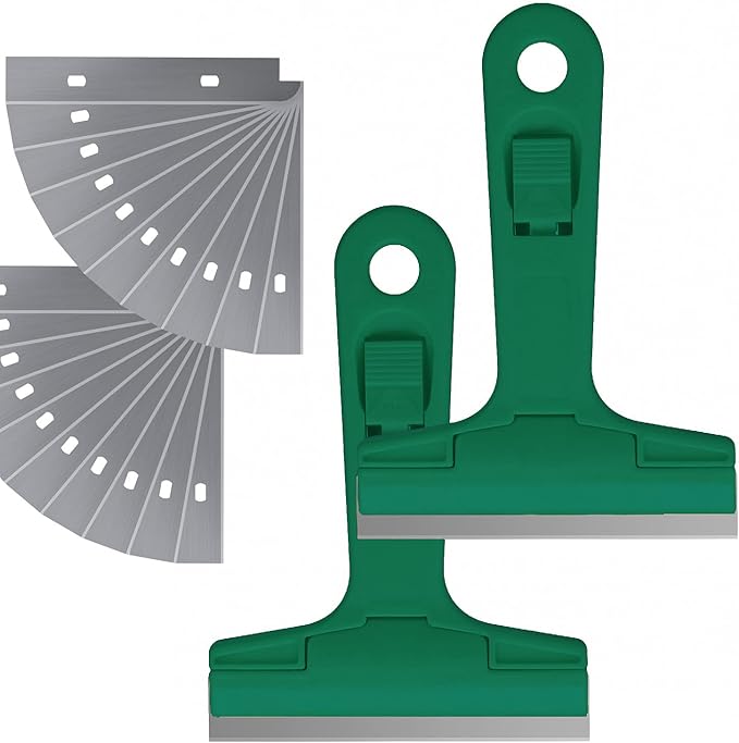 2pack 5.5 inches Industry Glass Scraper Scraping Hand Tool, T Shape Razor Blade Scraper with 20x Blades, Steel Scraping Knife for Window Stove Windshield Aquarium Tile Floor Wall Cleaning (Green)