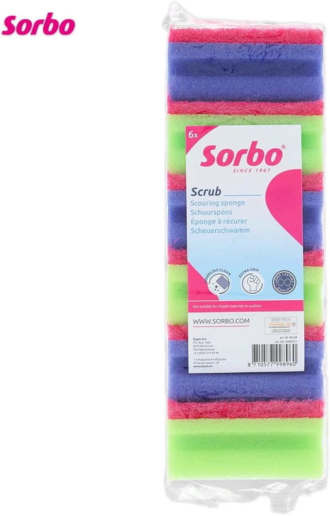 Sorbo Scouring Sponges, Non-Scratch Extra Grip and Super Absorbent Cleaning Scourers Ideal for Home and Kitchen Cleaning, Each Pack Includes 6 scourers in Assorted Colours