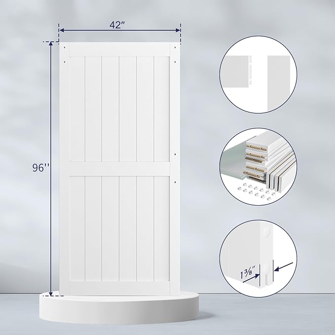 SmartStandard 42 x 96 inch White Sliding MDF Barn Door with 7FT Black Sliding Door Hardware Kit & Handle, Pre-Drilled Ready to Assemble, Waterproof PVC Coating, H-Frame