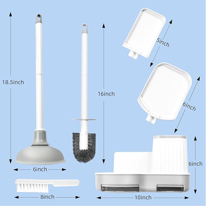 Toilet Brush and Plunger Set, 3 in 1 Toilet Bowl Brush and Holder with Crevice Cleaning Brush Wall Mounted Household Bathroom Cleaning Tools Combo(White-Gray)