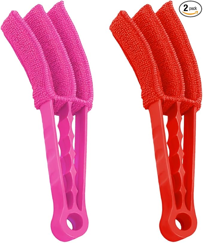 2 PCS Blind Cleaner Duster Tool, Window Venetian Hand-held 3 Arm Dusting Cleaner Brush, Blinds Cleaning Brush Tool for Window Shutters Air Conditioner, Car Accessories (Red+Pink)