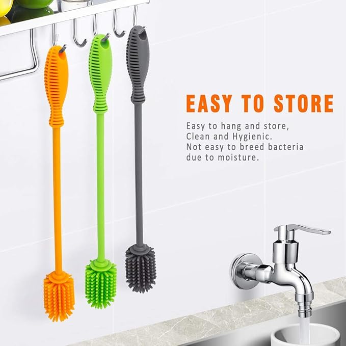Silicone Bottle Cleaning Brush with Long Handle,12.5" Water Bottle Cleaner for Baby Bottles, Hydro Flask, Sports Bottle, Vase, Glassware, Perfect for Smaller Diameter Bottle Openings (One Pack)