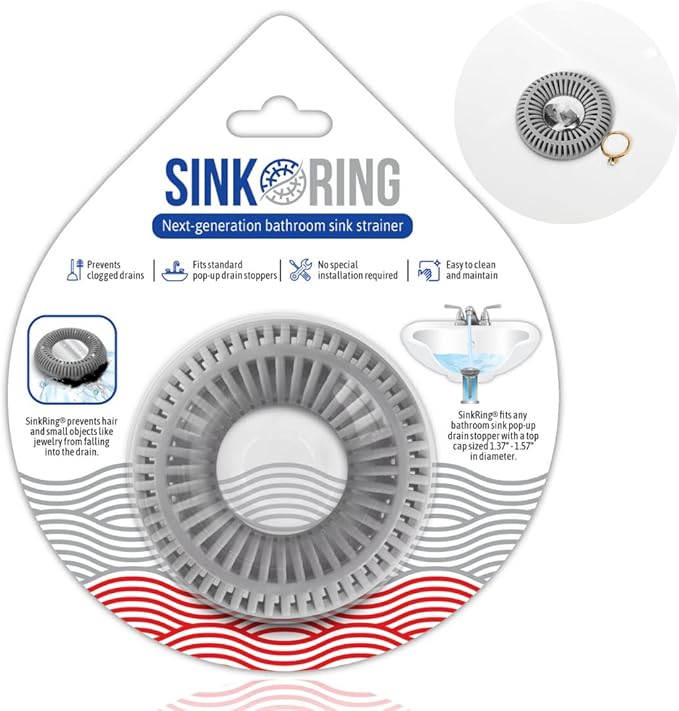 Bathroom Sink Hair Catcher for Pop-Up Drain – SinkRing 1.57" Precision Strainer for Bathroom Sink Drains | Clog-Free Hair Trap for Contacts, Earrings, Jewelry | No Suction or Screws – Gray