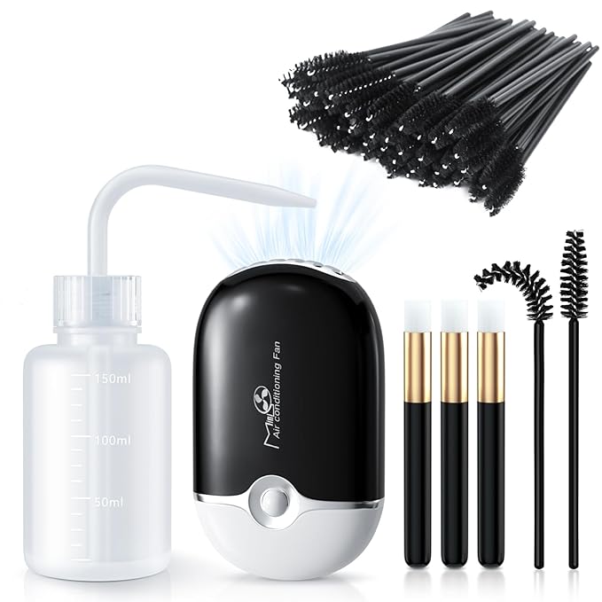 Lash Fan Eyelash Extension Supplies with USB Mini Portable Fans 3 Lash Shampoo Brush 50 Eyelash Mascara Brushes 1 Plastic Wash Bottle for Lash Extension（Black）