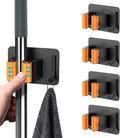 Mop Broom Holder No Drill, Mop Broom Organizer Wall Mounted Heavy Duty with Hooks Hanger, Self Adhesive Stainless Steel 4Pcs for Bathroom, Kitchen, Office (Orange)