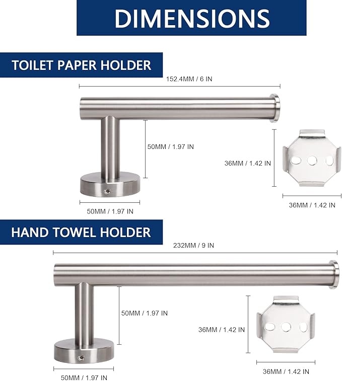 NearMoon Bath Toilet Paper Holder+ Hand Towel Holder, 2 Pieces Bathroom Hardware Set- Premium 304 Stainless Steel Toilet Roll Holder and Towel Rack Wall Mounted for Kitchen (Brushed Nickel)