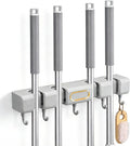 Broom Holder Wall Mount Hanger Mop,Broom and Mop Organizer Wall Hanging with 4 Slots 5 Hooks,Grey