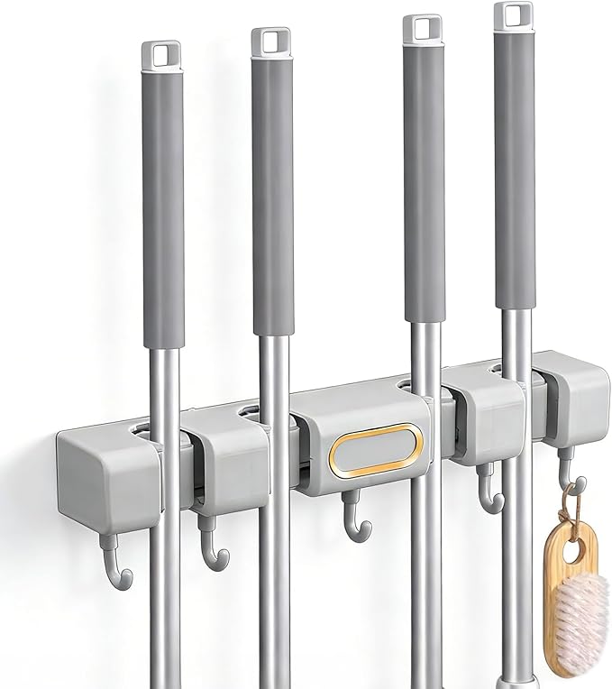 Broom Holder Wall Mount Hanger Mop,Broom and Mop Organizer Wall Hanging with 4 Slots 5 Hooks,Grey