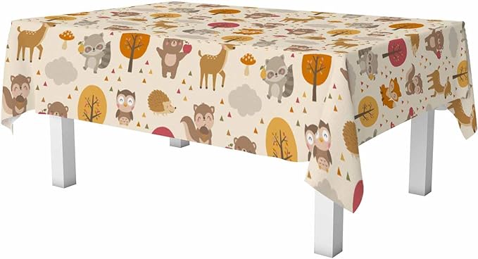 Cute Woodland Animals Table Cloth 52x70 Cartoon Rabbit Hedgehog Raccoon Autumn Tree Rectangular Tablecloth Polyester Washable Table Cover for Dining Kitchen Banquet Picnic Decorative