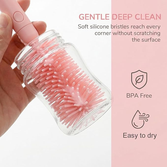 6 In1 Baby Bottle Brush Kit,Portable Silicone Bottle Brush Cleaner Set with Straw Brush,Nipple Brush,Drying Rack,Soap Dispenser,Storage Bag for Travel or Home,Stocking Stuffer(Pink)