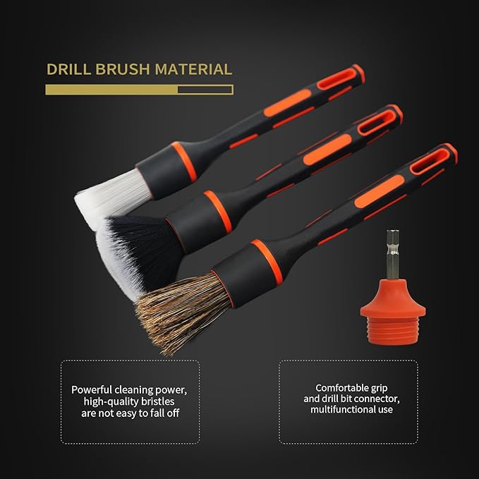 Car Drill Brush, 4Pcs Detachable Car Detail Drill Brush Set(Soft No Scratch Hair, Boar Hair, PP Bristis, Drill Brush Attachment Head), Drill Brush for Air Vent Automotive Interior Exterior