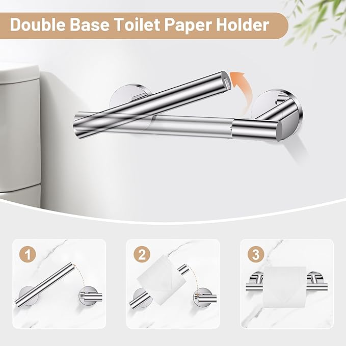 Polished Chrome Bathroom Hardware Set, 4-Piece Towel Holder Set Include Double Bases Toilet Paper Holder,Towel Ring and 2 Towel Hooks Stainless Steel Wall Mounted Bathroom Hardware Accessories Set