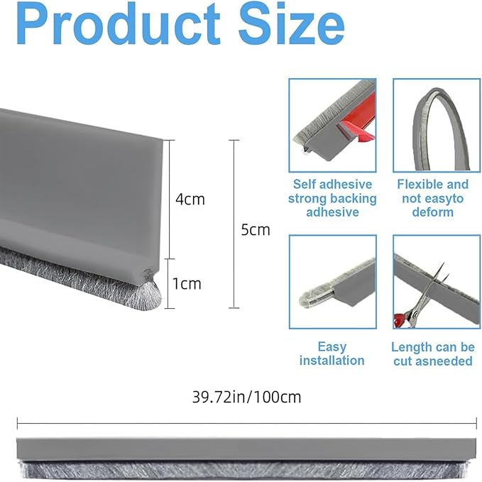 39-inch Door Draft Stopper with Brush - Adhesive Weather Stripping Seal for Exterior/Interior Doors | Under Door Sweep Blocks Drafts, Noise & Dust | Fits 1/4"-1" Gaps (Grey)