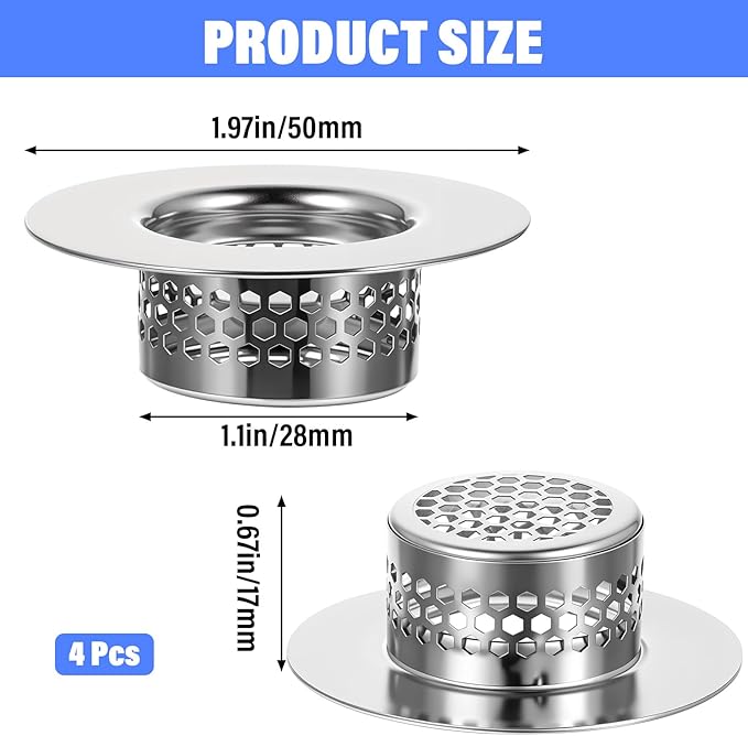 4 Pcs Bathroom Sink, Bathtub Drain Cover Drain Strainer Hair Catcher Stainless Steel Drain Filter for Shower Vanity Laundry Utility RV Sink (Fits 1.25" to 1.6" Hole)