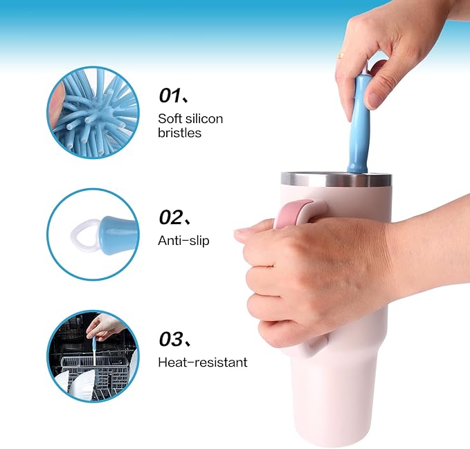 3 Pack Cup Cleaning Kit Compatible with Stanley,Multipurpose Cup Cleaner Kit with Extra Long Nylon Straw Brush Cleaner,3 in 1 Bottle Gap Cleaner and Long Handle Silicone Brush Cleaner