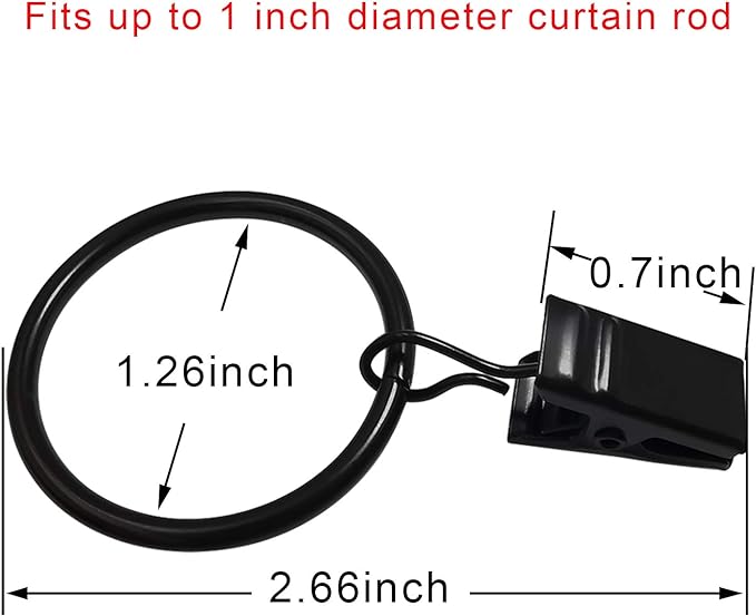 90 Pack Curtain Rings with Clips, Drapery Clips with Rings, Drapes Rings 1.26 in Interior Diameter, Fits up to 1 in Curtain Rod, Black