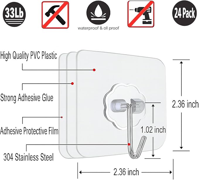 24 PCS Self Adhesive Hooks for Hanging - 33lbs Max, Transparent Stick on Hooks for Coat & Towel - Sticky Hooks for Hanging Heavy Duty Picture, No Damage Wall Hook for Bathroom, Kitchen, Ceiling & Key
