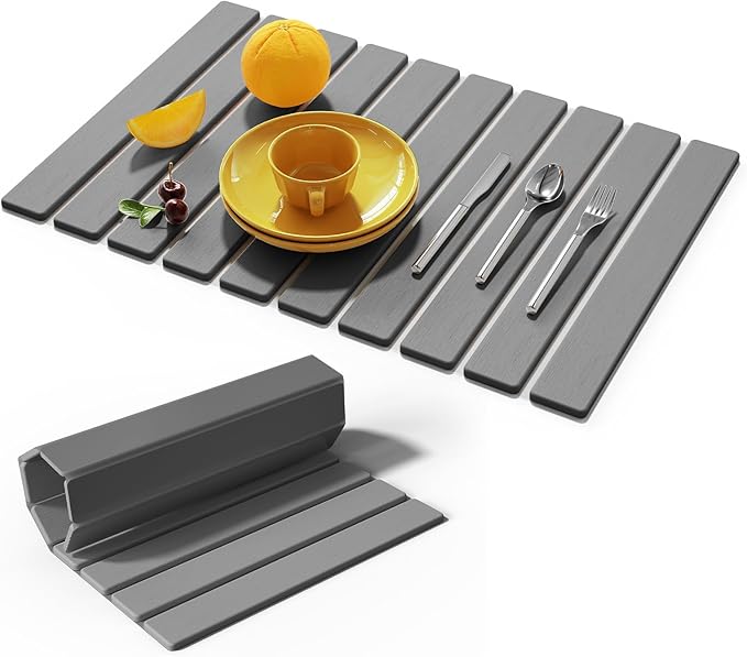 Stone Dish Drying Mats for Kitchen Counter-23.6“x 15.3”,Eco-Friendly,Foldable quick dry stone mat kitchen,Absorbent Diatomaceous Earth Mats for Dishes Bottles Cups Bathroom Any Countertop-Dark Gray
