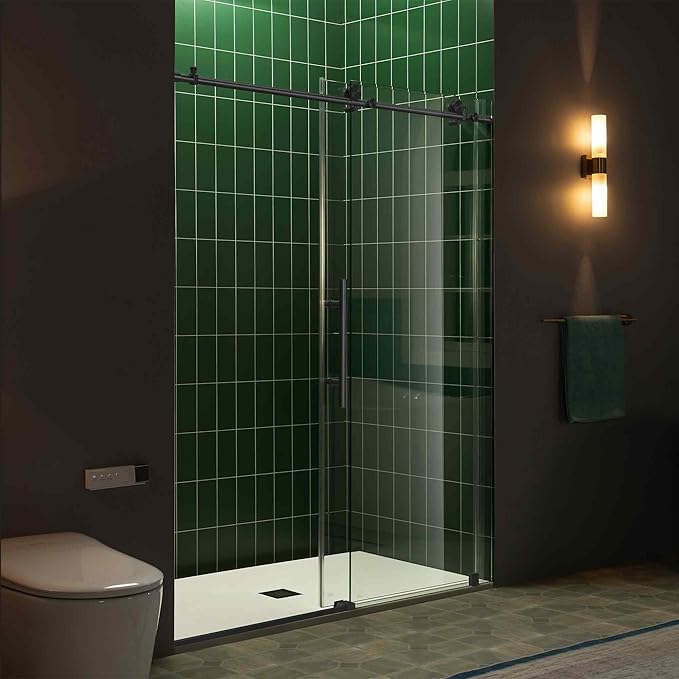 Woodbridge 56-60" W x 80" H Frameless Single Sliding Shower Door with Tempered Glass & Explosion Proof Film in Matte Black Finish