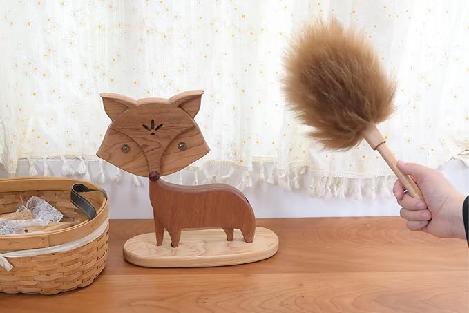 Cute Little Fox for Home Office Decor Small Wooden Feather Duster Lambswool Dusters for Cleaning with Decoration (Desktop Stand)