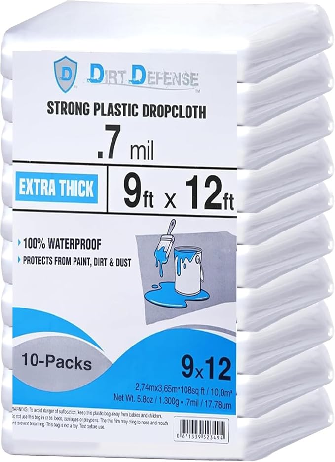 Dirt Defence Plastic Drop Cloth, 9x12 Ft 10 Pack Plastic Sheeting for Painting, Waterproof & Dust-Proof,Tear-Resistance Tarp for Painting, Floor, Furniture Cover Thick & Durable (10 PCS)