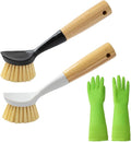 2 Pack Kitchen Dish Brush Grill Brush+Reusable Rubber Gloves,Kitchen Cleaning Sets,Long Dish Scrubber Built-in Scraper,Scrub Brushes for Pans Pots Sink,Range Hood (White&Black) Pre-Christmas Clean