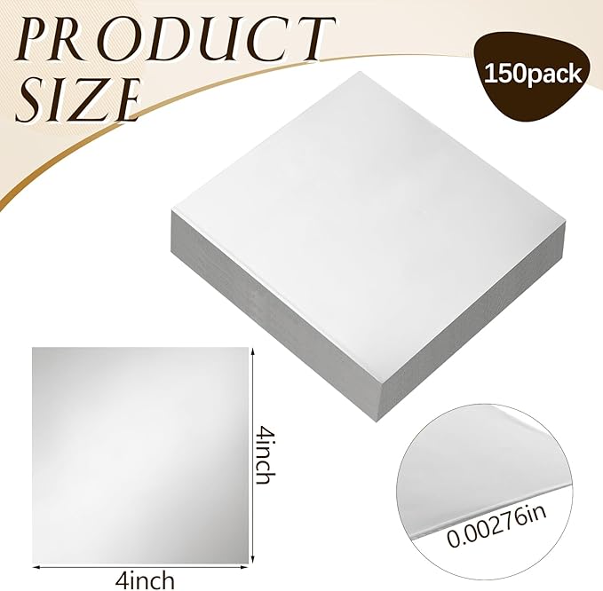 Yaocom 150 Packs Aluminum Metal Crafts DIY Foil 4 Inch x 4 Inch x 0.07 mm Thick for Art Project Aluminum Flashing Roll Wide Sheet Multipurpose Metal Sheets(Silver)