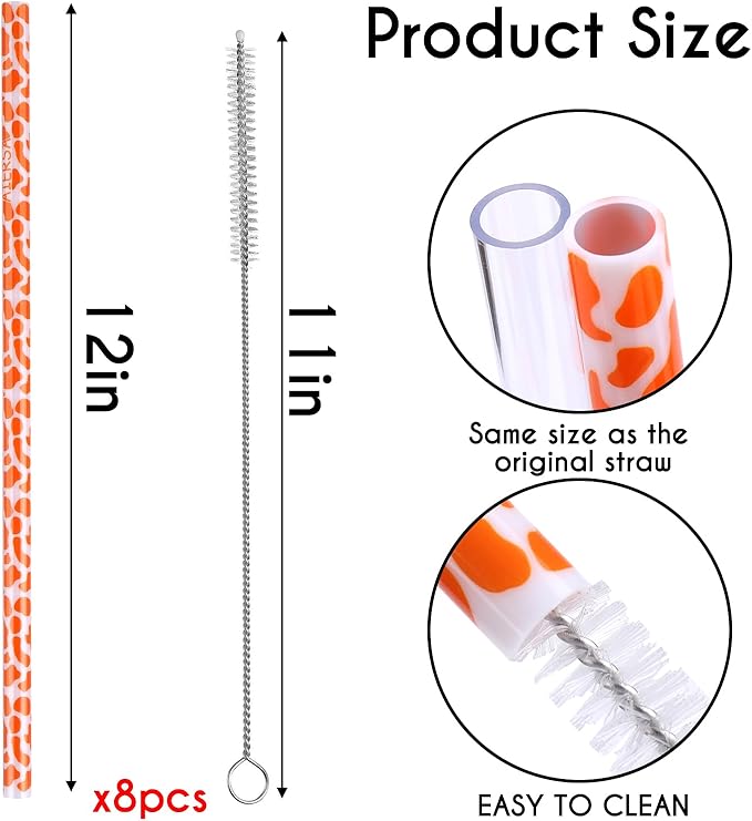 AIERSA 8 Pack Leopard Straw Replacement 40oz for Stanley,Plastic Reusable Straw for Stanley Adventure Quencher Travel Tumbler,Long Straws with Cleaning Brush for Stanley Cup Accessories