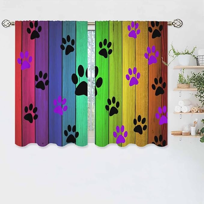 Dog Paws Kitchen Curtains Cute Puppy Paws Colorful Wood Board Short Tier Curtains for Bathroom Cafe Small Window Drapes Treatment 2 Panels (27.5x39 Inch)