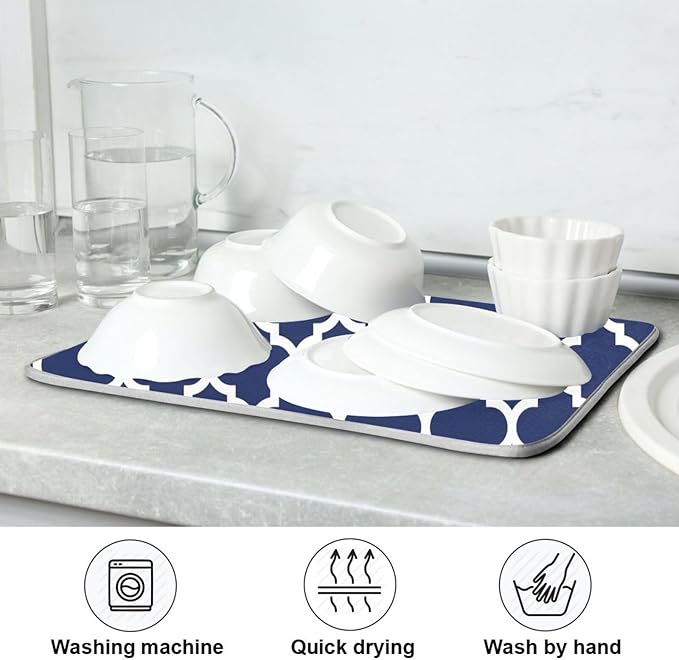 Navy Blue Trellis Lattice Dish Drying Mat for Kitchen Counter Absorbent Microfiber Drying Pad, Medium 16x18 in, Reversible Drainer Mats