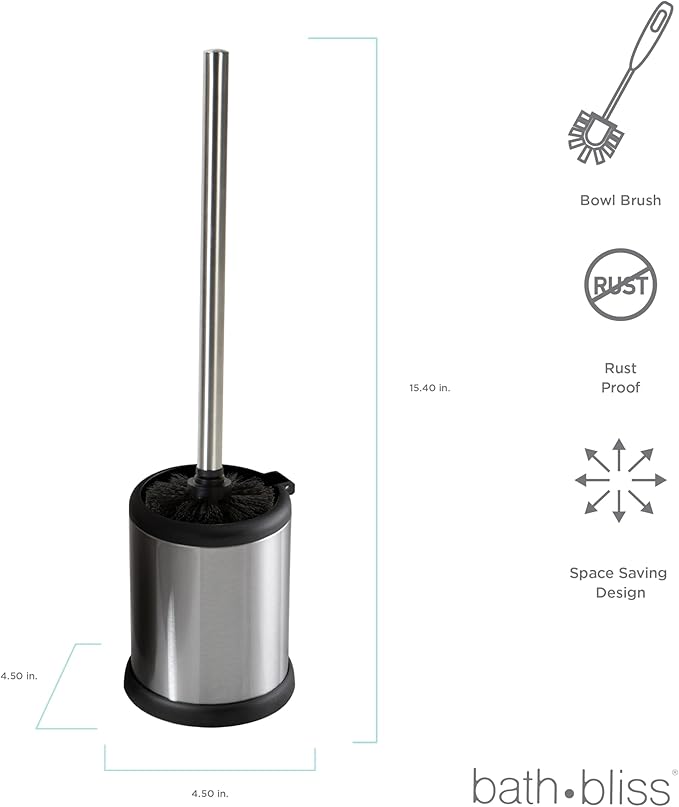 Bath Bliss Toilet Brush and Holder | Self Closing Lid | 360 Degree Brush Head-| Bathroom Cleaning-| Compact Size-| Storage and Organization-| Stainless Steel,(Pack of 12)