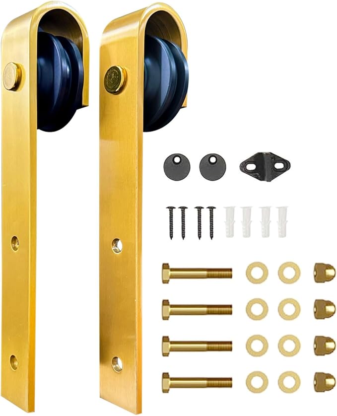 Rio Salto Brushed Brass Gold Barn Door Rollers – Extra Sliding Barn Door Hardware Kit for Interior Closet Pantry Doors – Fits 1 3/8" & 1 3/4" Panels, Supports 170 lbs – Track Not Included (Set of 2)
