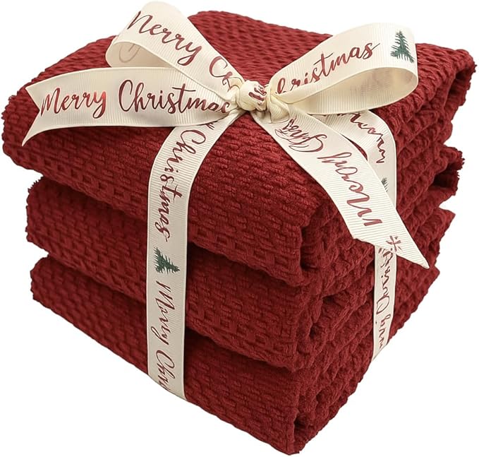 Maroon Dark Red Brick Red Kitchen Hand Dish Towels: Oversized 28" x 18",100% Cotton Cloth Soft Cleaning Drying Absorbent Textured Design, Set of 3 Multipurpose for Everyday Use (Brick Red)