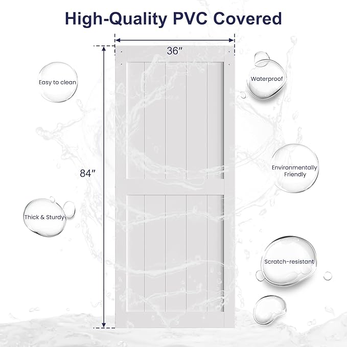 SmartStandard 36 x 84 inch White Sliding MDF Barn Door with 6.6FT Brushed Nickel Sliding Door Hardware Kit & Handle, Pre-Drilled Ready to Assemble, Waterproof PVC Coating, H-Frame