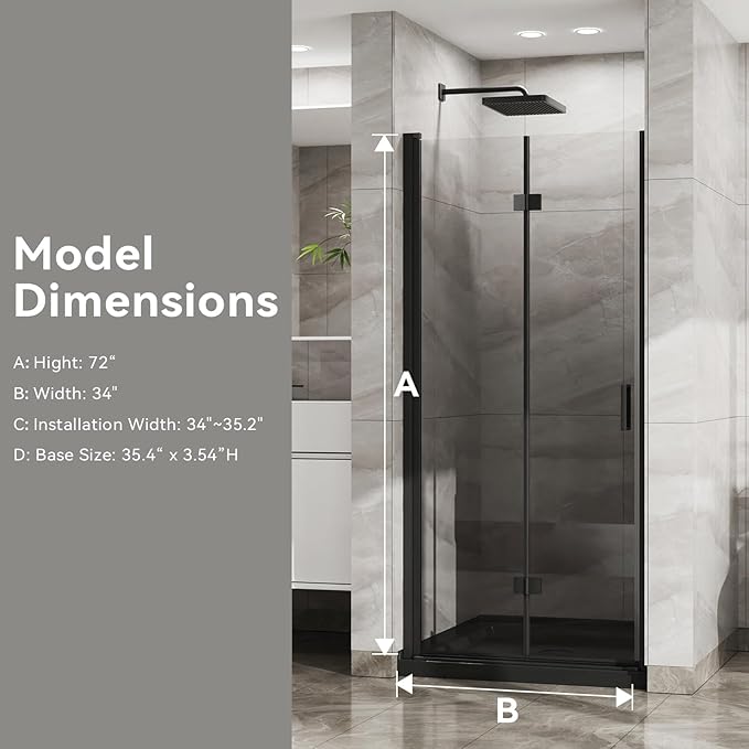 Frameless Bi-Fold Shower Door 34" W x 72" H, 1/4" Clear Tempered Glass, Folding Swing Design, Reversible Installation, Black Finish, Space-Saving Glass Shower Door for Small Bathrooms