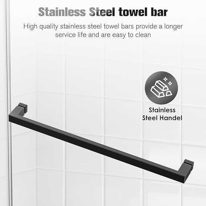 Shower Door 56–60 in W x 76 in H, 3/8" Tempered Glass Double Sliding Shower Door, Frameless Matte Black, Exquisite Rolling Track Design, Reversible Installation for Modern Bathroom