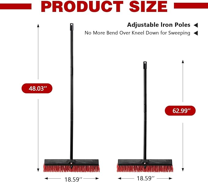 18 Inch Heavy Duty Push Broom Outdoor with 63" Long Handle Stiff Bristle Brush for Patio,Deck,Driveway,Garage,Yard,Warehouse&Concrete Floor Cleaning (Red)