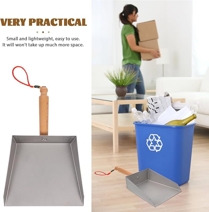 Tofficu Stainless Steel Dustpan with Wood Handle Mini Metal Dust Pan 8.66 X 5.51 Inches Compact Handheld Sweeping Tool for Household and Industrial Cleaning