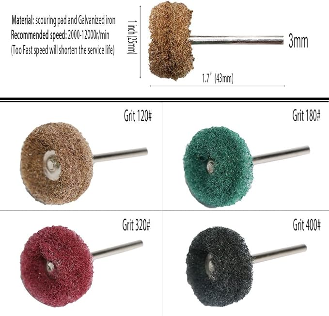 Abrasive Buffing Polishing Wheel Set for Rotary Tool,Removal of Rust Deburring on Metal Surface with 3mm Mandrel,Mini scouring pad Brush Polishing kit(grit 120 Brown 50pcs)